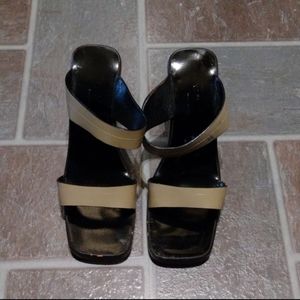 Gucci black taupe clog wooden leather mule strip block heel slip on minimalist s